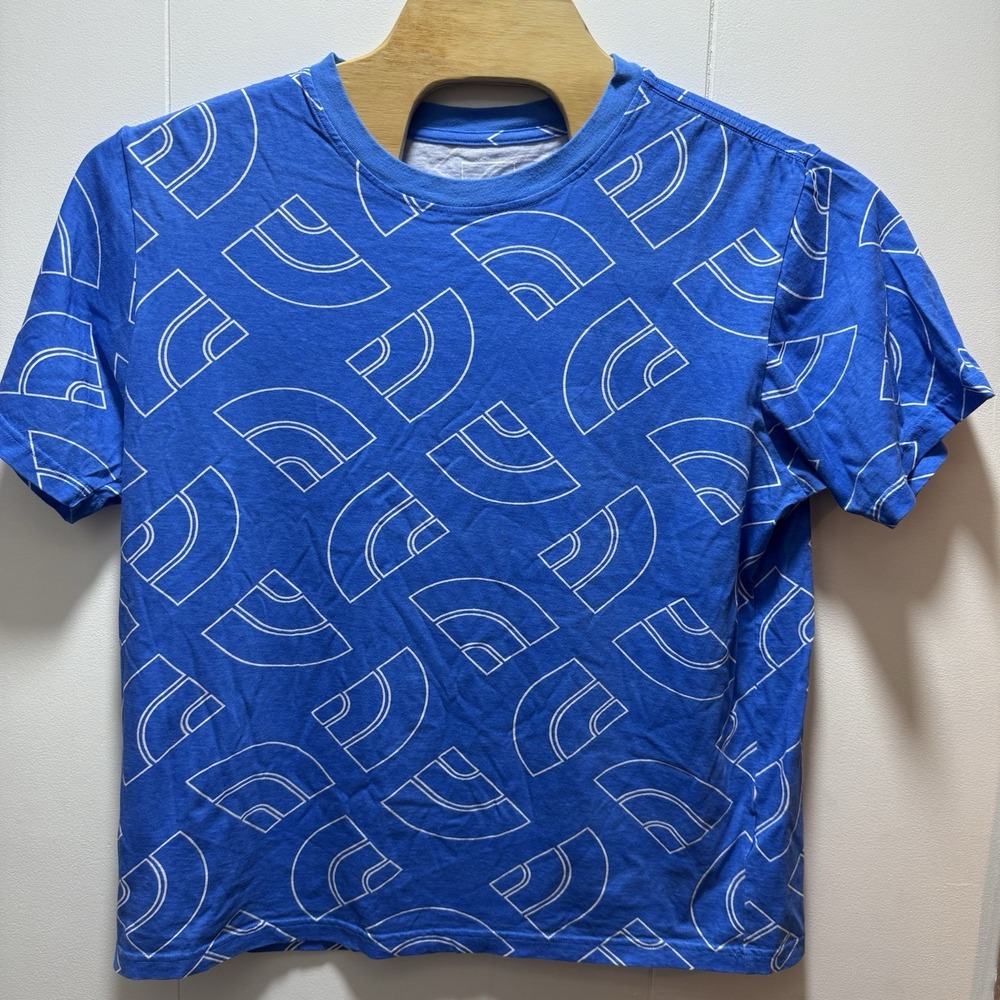 The‎ North Face Shirt Mens Size Large Short Sleeve Blue All Over Print Logo